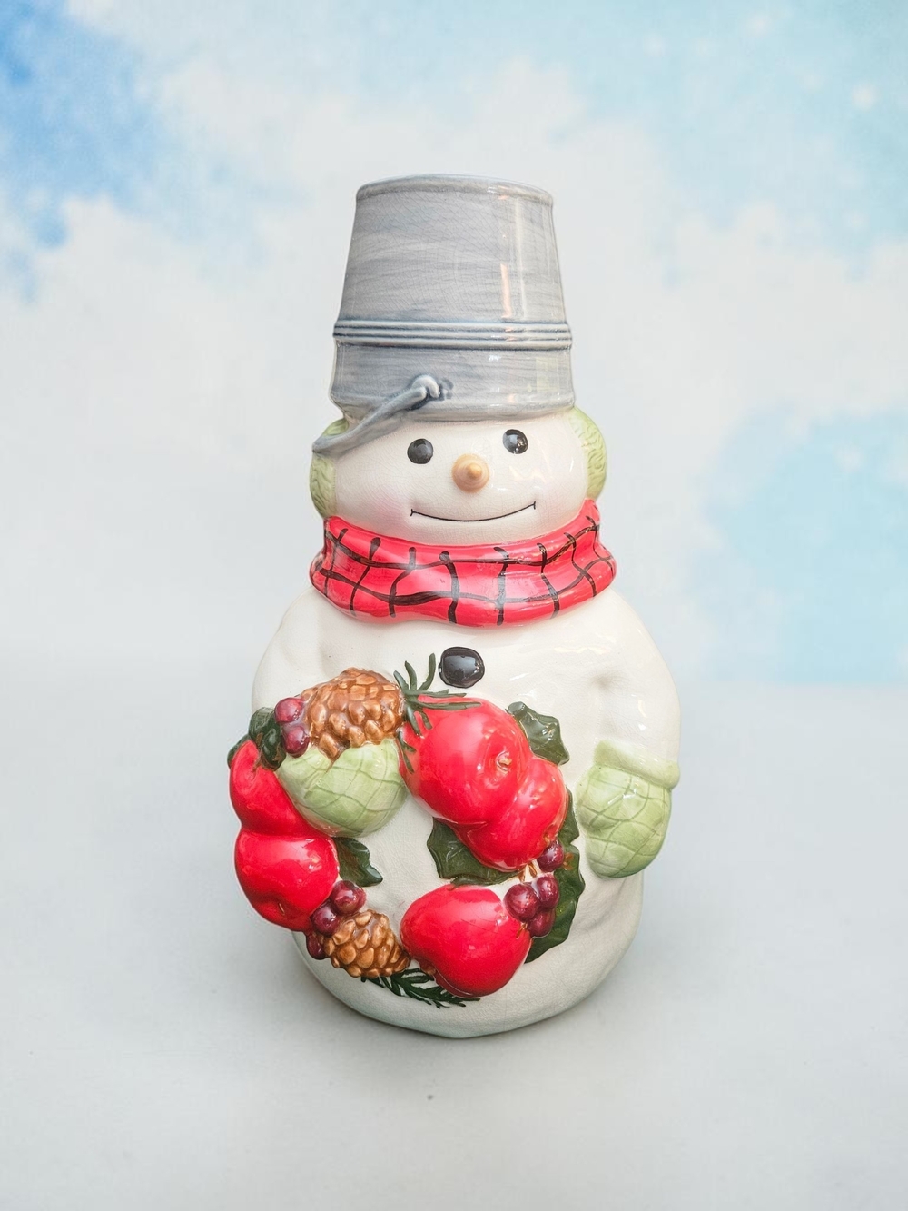 Hallmark Snowman Cookie Jar 13" Holiday Kitchen Decor Red Scarf & Wreath